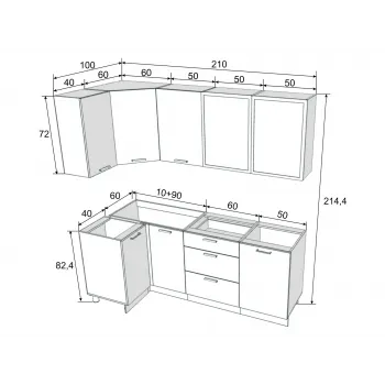 Кухонный гарнитур Модус 210х100 см со стеклом Белый / Цемент светлый / Черный, стекло / Цемент темный - купить с доставкой по России
