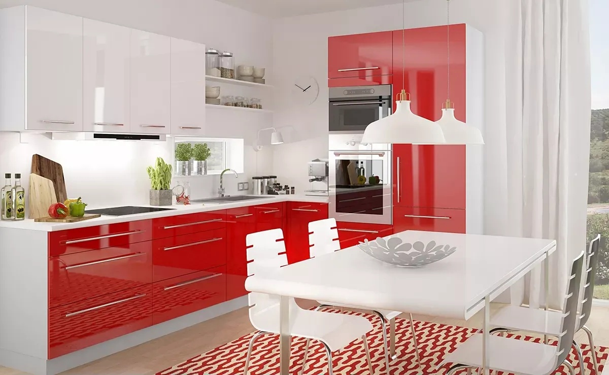 Красная глянцевая кухня икеа